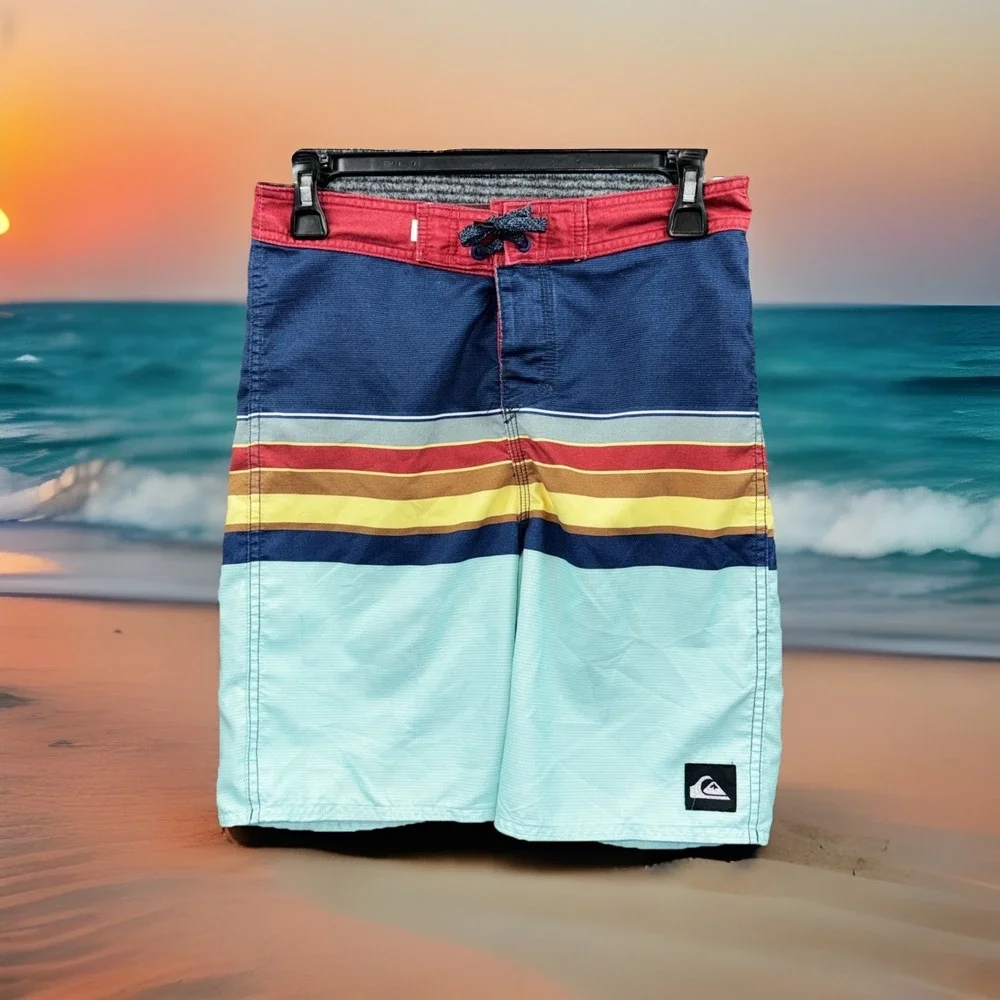 Quiksilver Mens Board Shorts Striped Colorblock Swim Trunks Multicolor Size 28